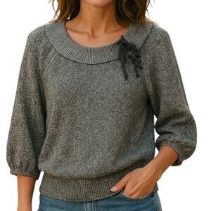 Express Sz M Gray & White 3/4 Sleeve Lightweight Sweater Tie on Collar | EUC